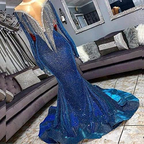 Keting Blue Shiny Tassels Sequined Mermaid Prom Shower Evening Party Dress Celebrity Pageant Gown2
