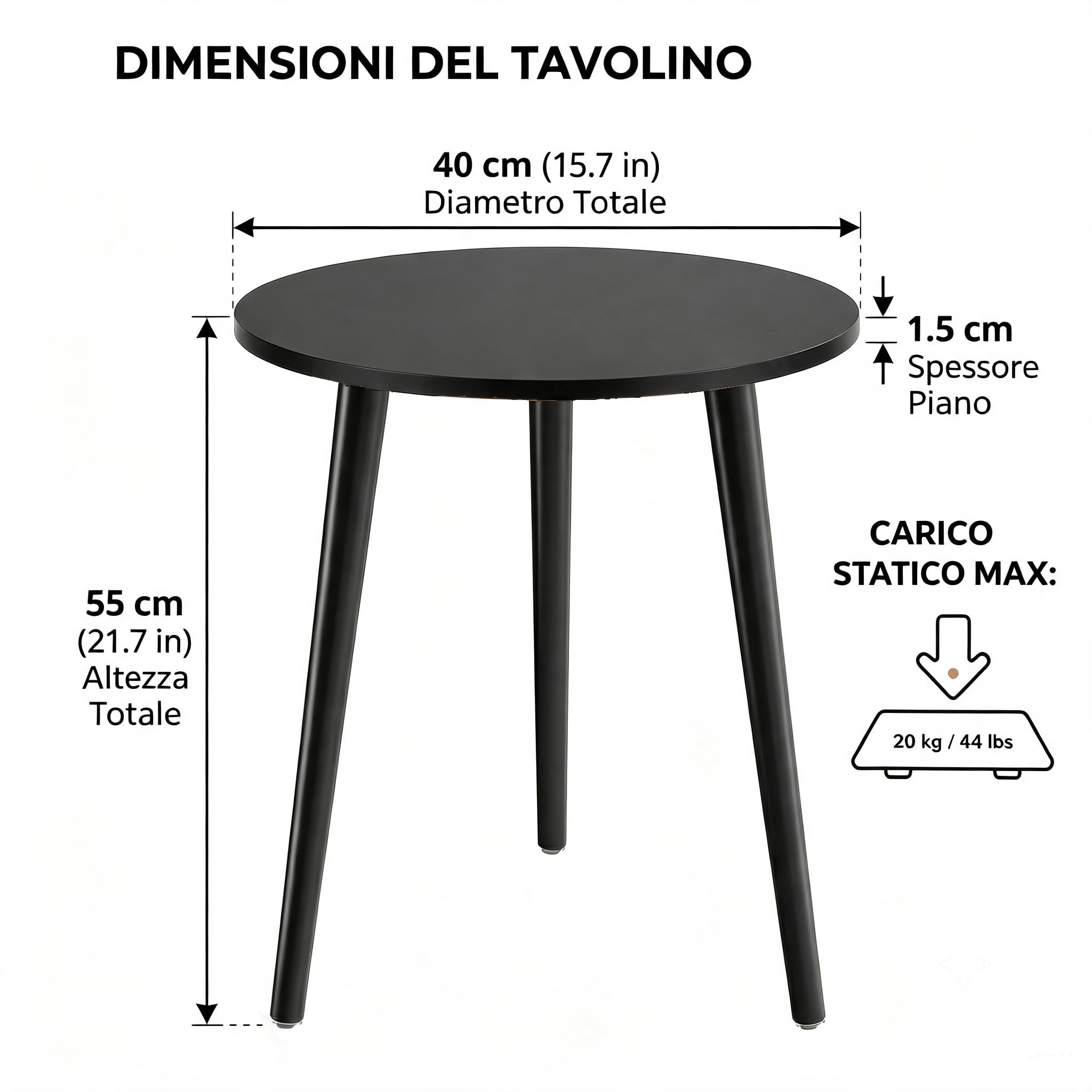APICIZON Tavolino nero, tavolino rotondo, tavolino per soggiorno, camera da letto, spazio ridotto, comodino in legno, facile da montare, 42(P) x 51(H) cm