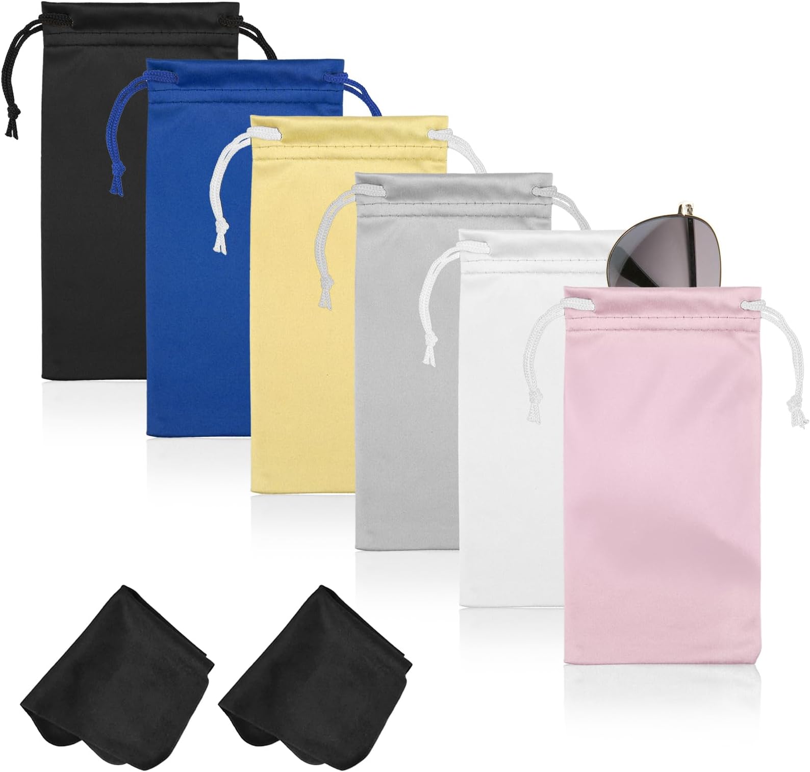 6 Pcs Microfiber Glasses Sunglasses Pouch with 2 Cleaning Cloths, Soft Drawstring Storage Bag for Phone, Eyeglass Case
