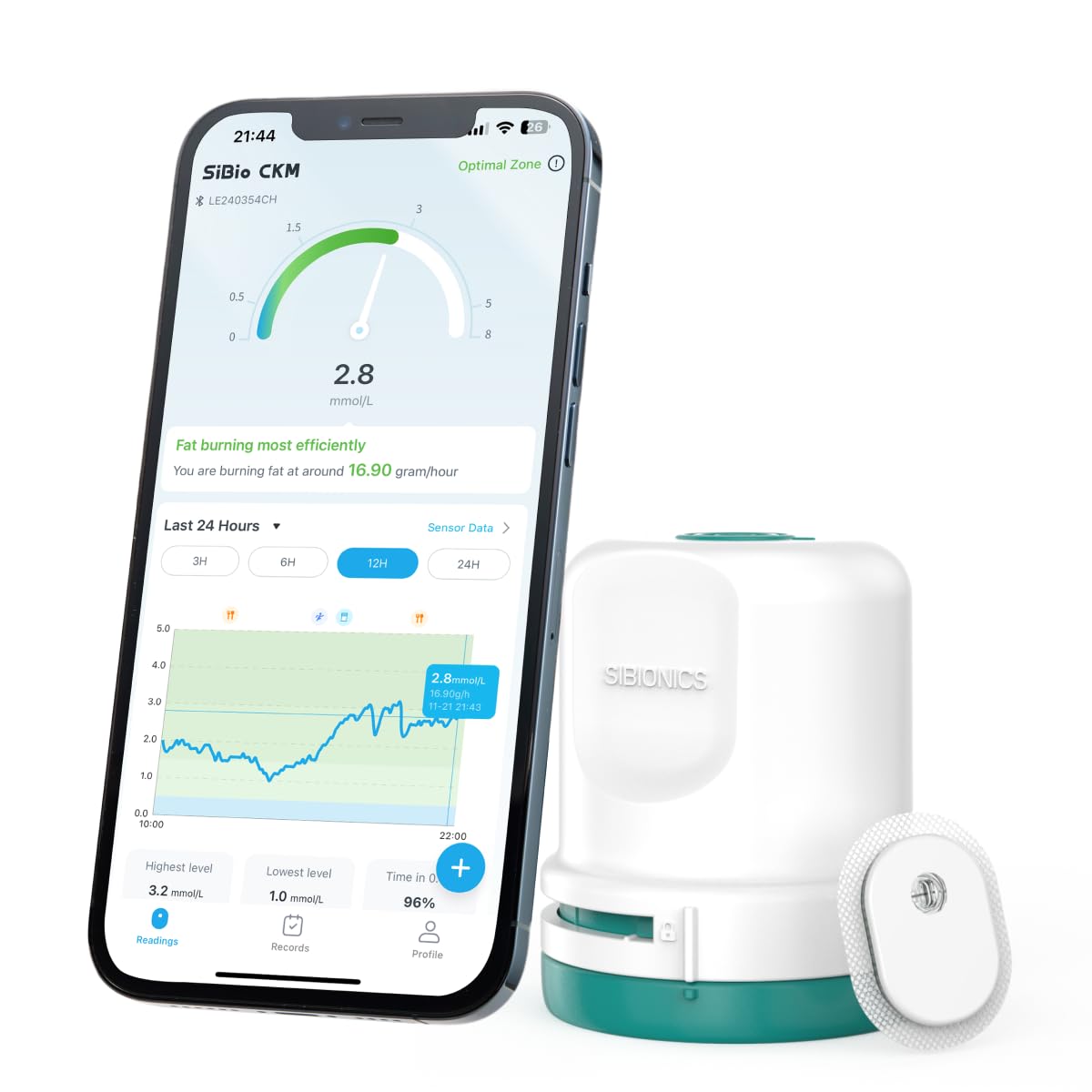 SIBIO KS3 Kontinuierlicher Keton-Monitor CKM, 14-Tage-Echtzeit-Keto-Biosensor, 5-Minuten-Daten für die Keto-Diät