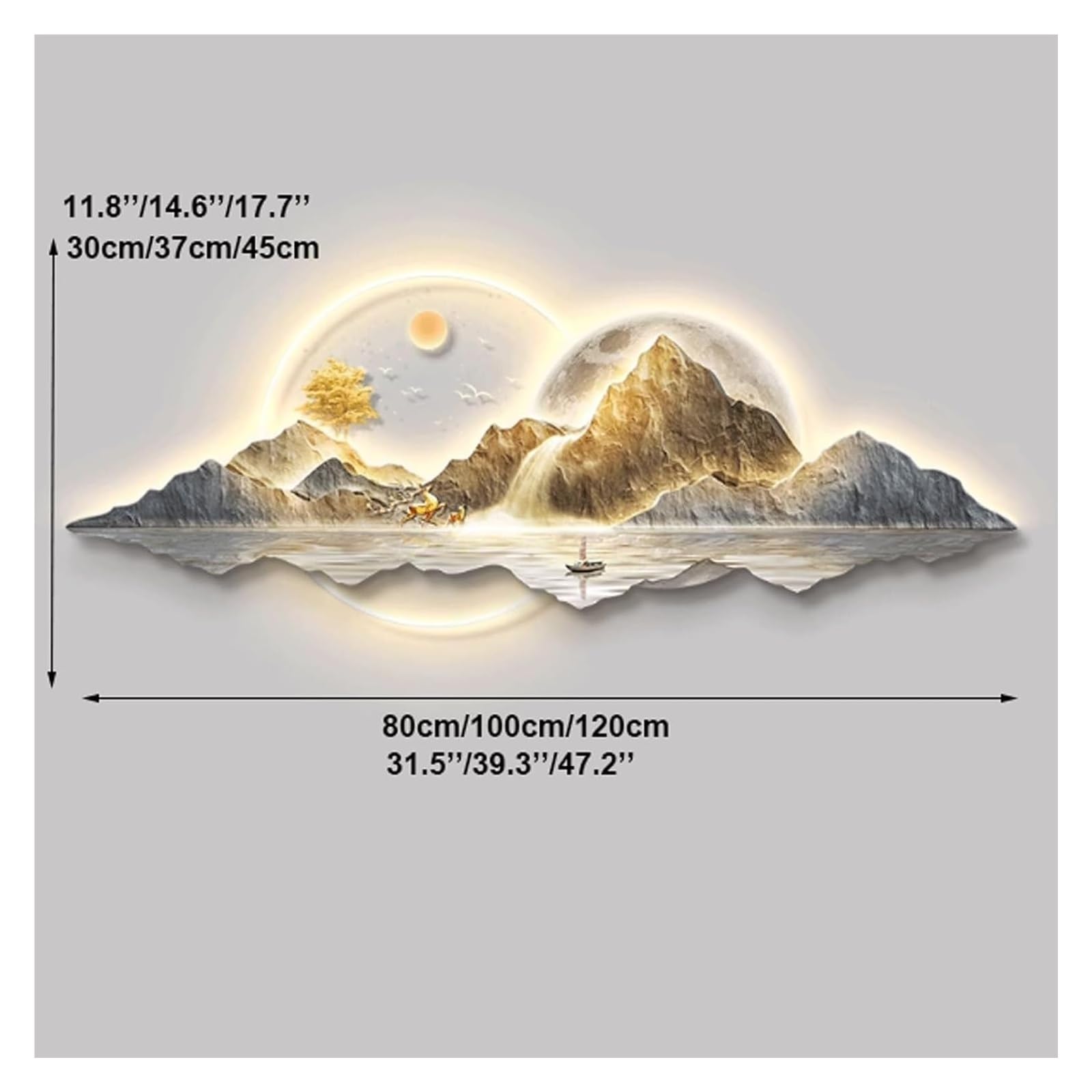 CSYQPDMBDL LED-Landschafts-3D-Wandbild mit Fernbedienung – beleuchtetes Sonnen- und Monddesign for die Wohnzimmerdekoration(100x37cm)