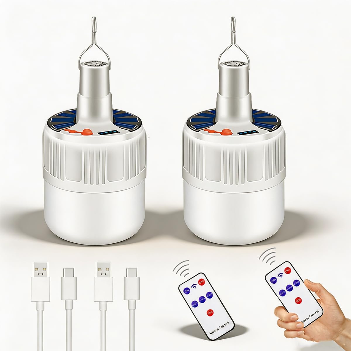 Lot de 2 lanternes solaires LED pour tente - 5 modes - Rechargeable par USB - Avec télécommande - Portable - Pour la pêche, les urgences, la cour, le jardin - 4 modes d'éclairage