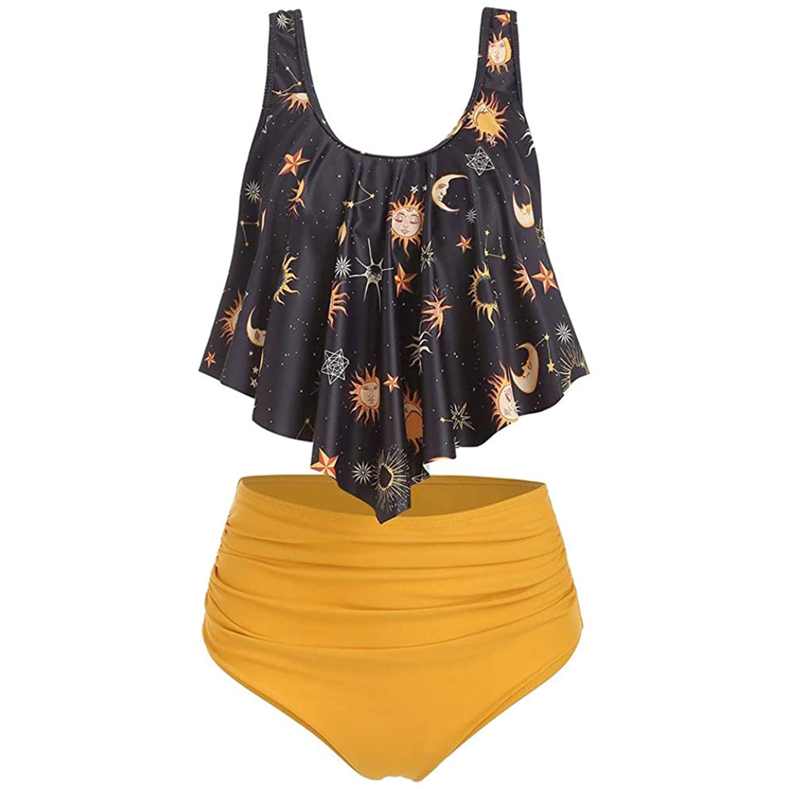 Jmsun Women's Yellow Sun Stars Moon Flounce High Waisted Tankini Swimsuit