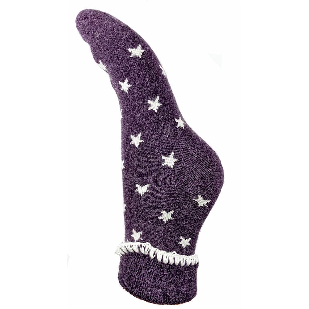 JOYALuxurious Cuff Bed Wool Blend Socks UK 4-7 EU 36-40 Purple With Small Cream Stars, Purple & Cream, 37-40.5 EU