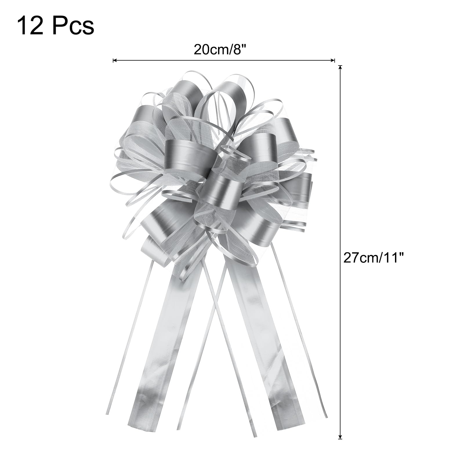 Uxcell 12pcs 11 Inch Extra Large Pull Bow Metallic Gift Wrapping Bows Ribbon Organza Silver for Wedding Baskets Presents Christmas Party - Image 2