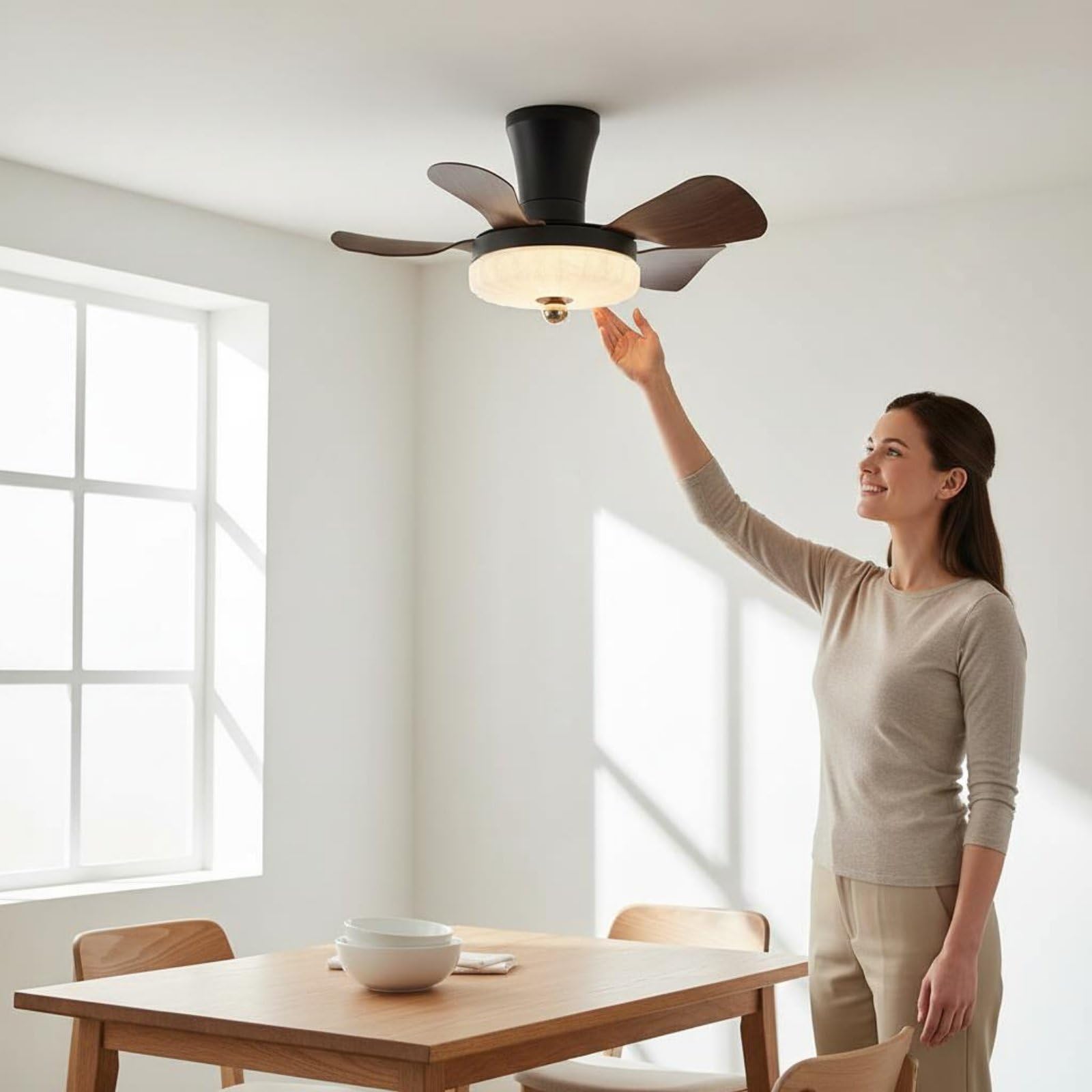 F Fityle Ventilador de Techo con Luz Lámpara Ventilador Plafón Iluminación LED Aletas Madera y Cuerpo de Hierro Dimmable para, 28 Pulgadas, Modelo 3001, Atenuación Continua, Control Remoto