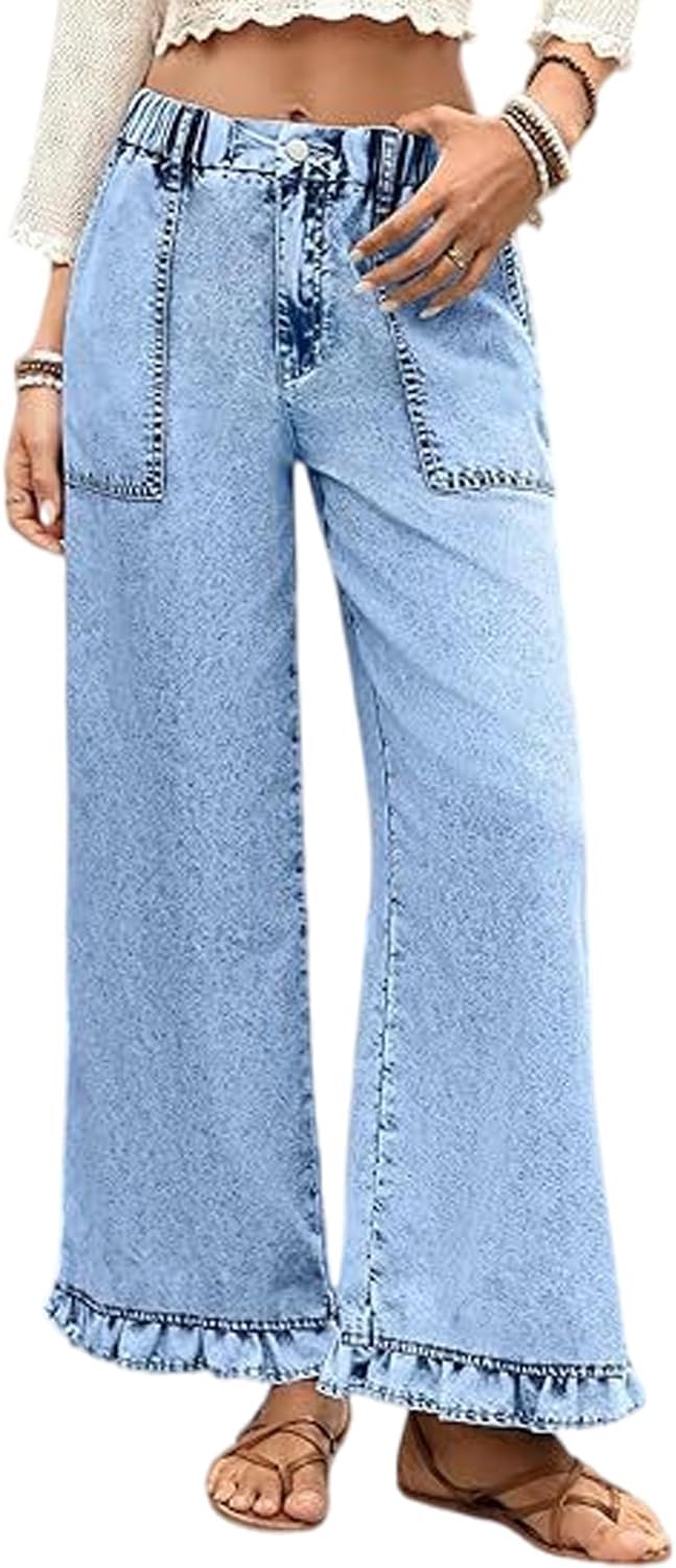 yoeasy Wide Leg Jeans for Women Elastic Waisted Baggy Jeans Trendy Casual Ruffle Hem Denim Pants with Pockets