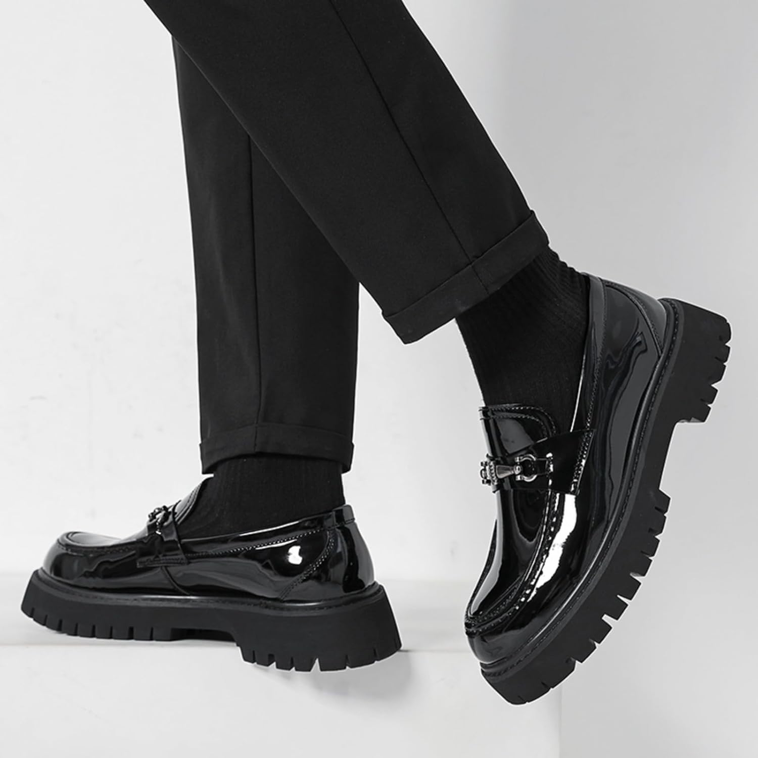 Mens Patent Leather Slip-On Platform Dress Horsebit Loafer Low Heels Round Toe Non-Slip Penny Shoes for Formal Business Wedding - Image 6