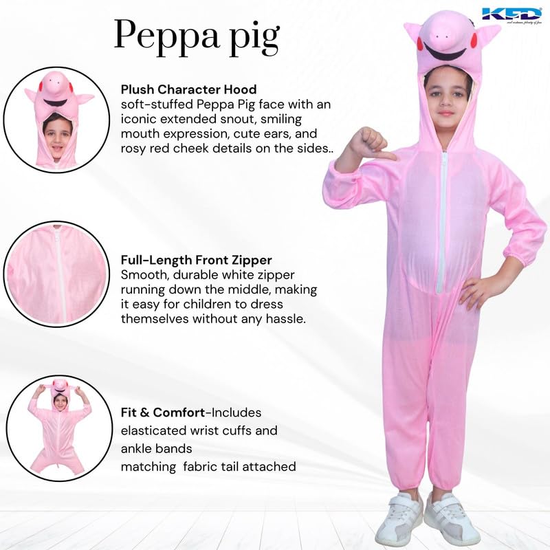 Image of Kaku Fancy Dresses Cartoon Character Pig Fancy Dress Costume for Kids | Animal Jumpsuit with Hood |Pink Theme Outfit for School Functions, Birthday Parties & Stage Performances -3 To 4 Y