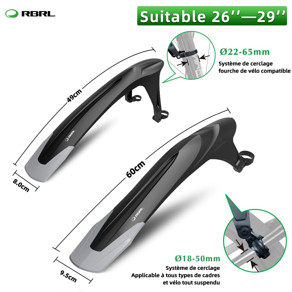 RBRL Garde-boue de vélo réglable pour VTT, épais et large, garde-boue universel de 61 à 73,7 cm, garde-boue de vélo à suspension intégrale, garde-boue pour vélo tout-terrain, contre les éclaboussures