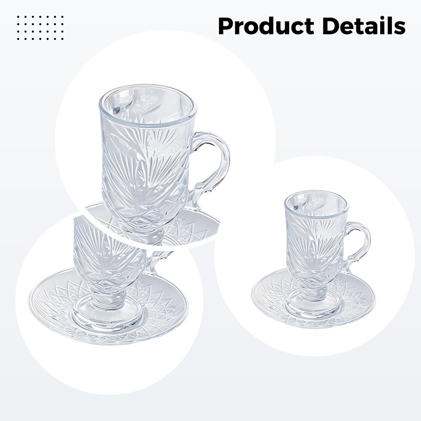 6 Stk. Kristallglas Tee- und Untertassenset, Lattegläser im Diamantdesign, elegante Fußbecher im europäischen Stil mit Griff, hitzebeständig, für Kaffee, Saft, Hochzeit, Party