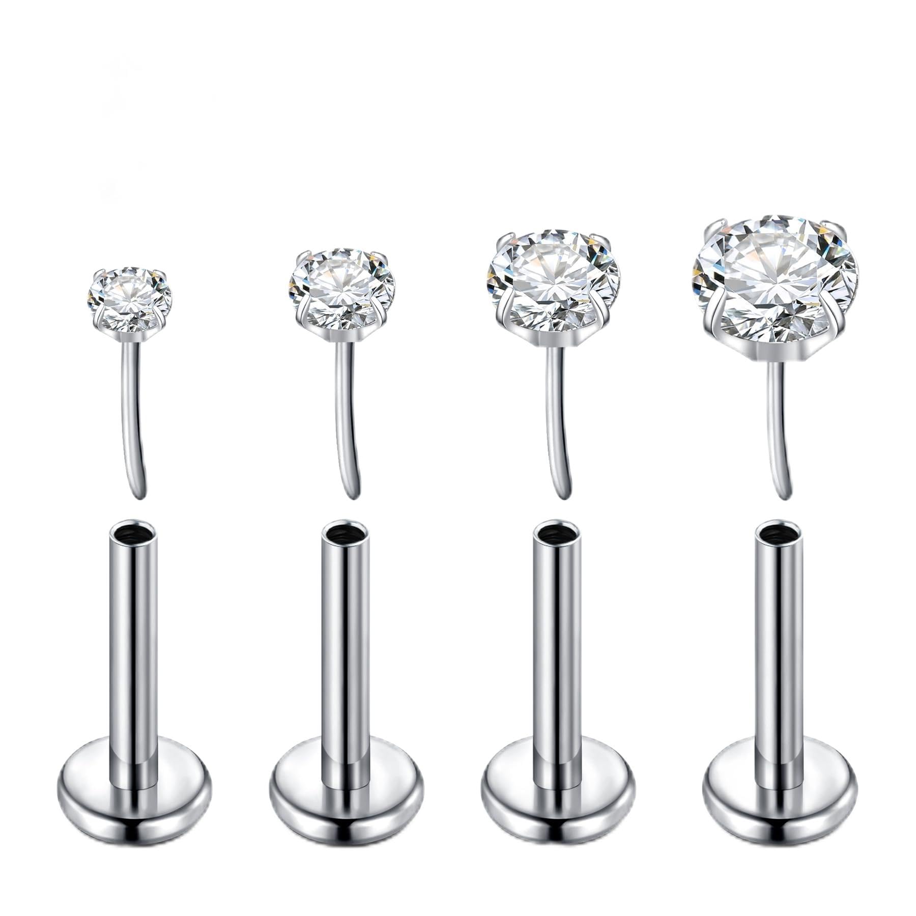 FECTAS Pendientes de titanio para nariz, 16G, 18G, 20G, hipoalergénicos, grado de implante 6, 7, 8, 10 mm, sin rosca, hélice, tragus, labio, labio, parte trasera plana, joyería
