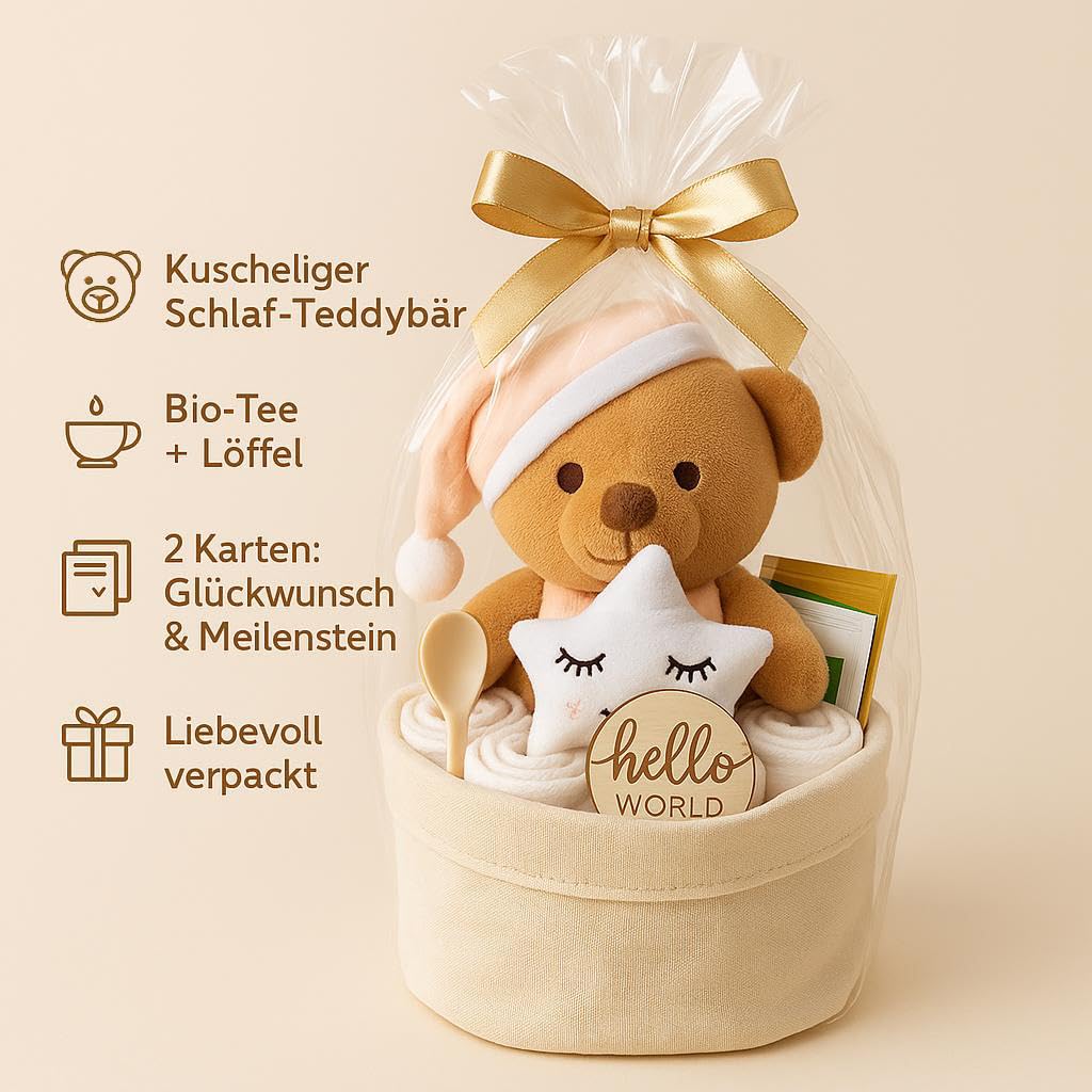 Torta di pannolini per bambine e ragazzi con peluche – Borsa per pannolini boho [fatta a mano] – regalo per la nascita con cucchiaio per bambini, pannolini premium e tè biologico, torta per pannolini