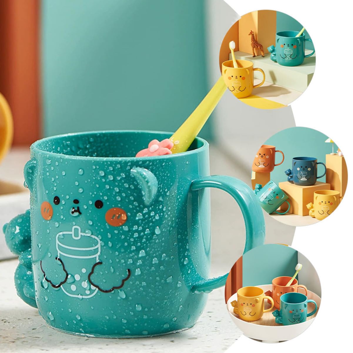 PartyKindom 4 Pcs Children's Plastic Mug Espresso Coffee Cups Mini Bathroom Cup Cartoon Spit Cup Toothbrush Cup for Children Lovely Cup Bear Drinking Tumbler Espresso Mugs re-usable