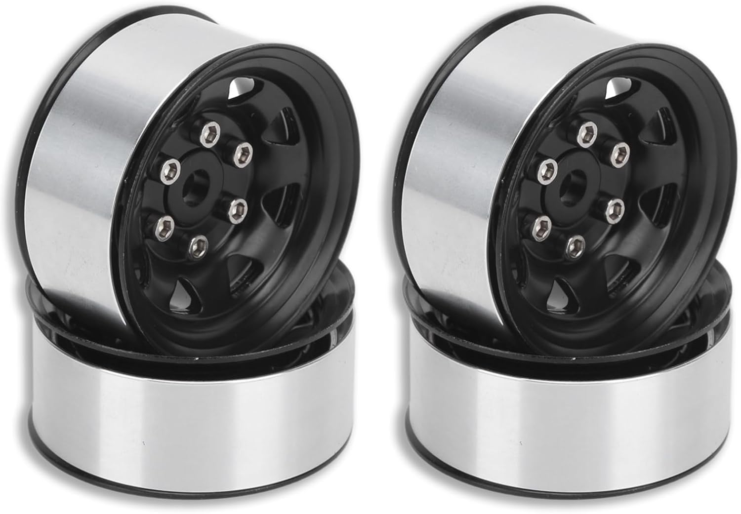 4 Pcs RC Wheel Hub, 1.55 Inch RC Wheel Rim Hub 5 Hole Silver Rim Universal Simulation Tire Beadlock Accessories for Axial AX90069 Crawlers (Black)