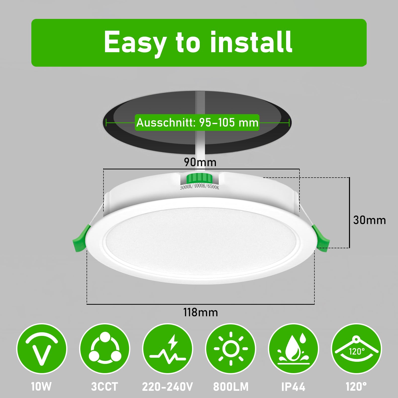 Faretti LED da Incasso per Cartongesso 230V, 10W Foro Ø 95-105mm Faretti Incasso Cartongesso Ip44, Dimmerabile, Luce Calda 3000K Luce Neutra 4000K Luce Freddo 6500K, Set di 24