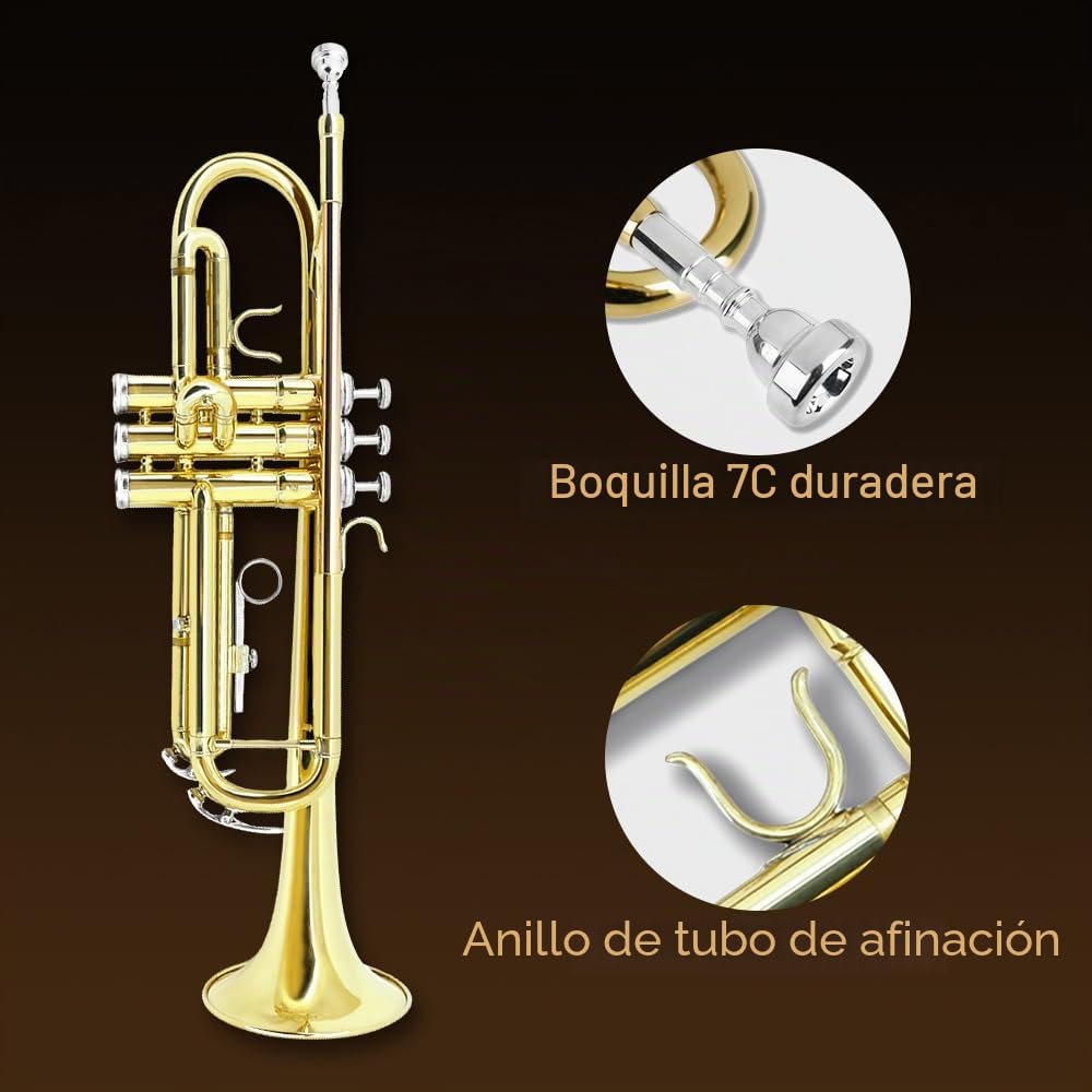 Juego de trompeta estándar para principiantes, trompeta de estudiantes, instrumento de trompeta de latón, bemol, con boquilla 7C, paño de limpieza, guantes y funda de transporte rígida