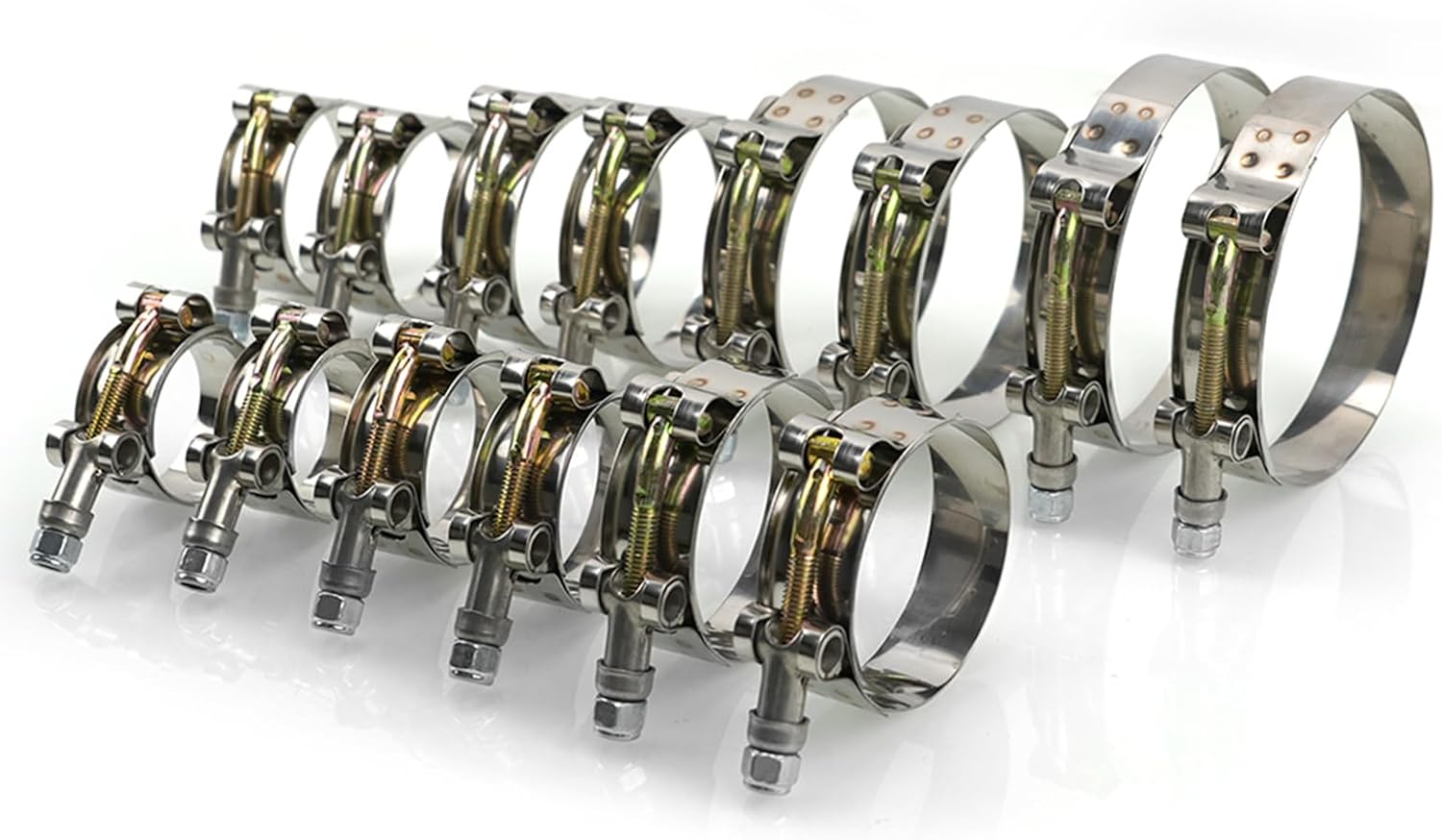RULLINE T-Bolt Hose Clamp Set 14PCS, 304 Stainless Steel Heavy Duty Turbo Intake Intercooler Radiator Hose Clamps Assortment, 7 Sizes 1" to 3" (32-91mm) Leak Proof Lock Nut Design
