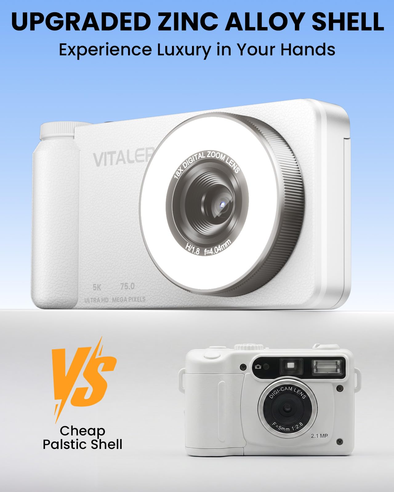 Cámara digital 5K para fotografía con luz de relleno, pantalla abatible de 180° de 3 pulgadas, cámara de vlogging de 75 MP para video de YouTube, zoom de 18X, cámaras compactas para apuntar y
