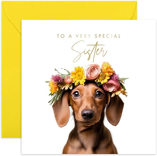 Old English Co. - Tarjeta de felicitación para hermana de perro Daschund rojo muy especial, bonita tarjeta de cumpleaños floral de cachorro Daschund