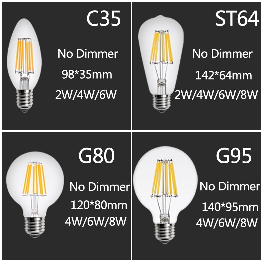 RZL Lighting, Paquete de 10, Bombilla de filamento LED AC220V E27 ST64/A60/G80/G95 lámpara Retro Edison 4W 6W 8W Bombilla Colgante Vintage(G95 E27 220V,4W)