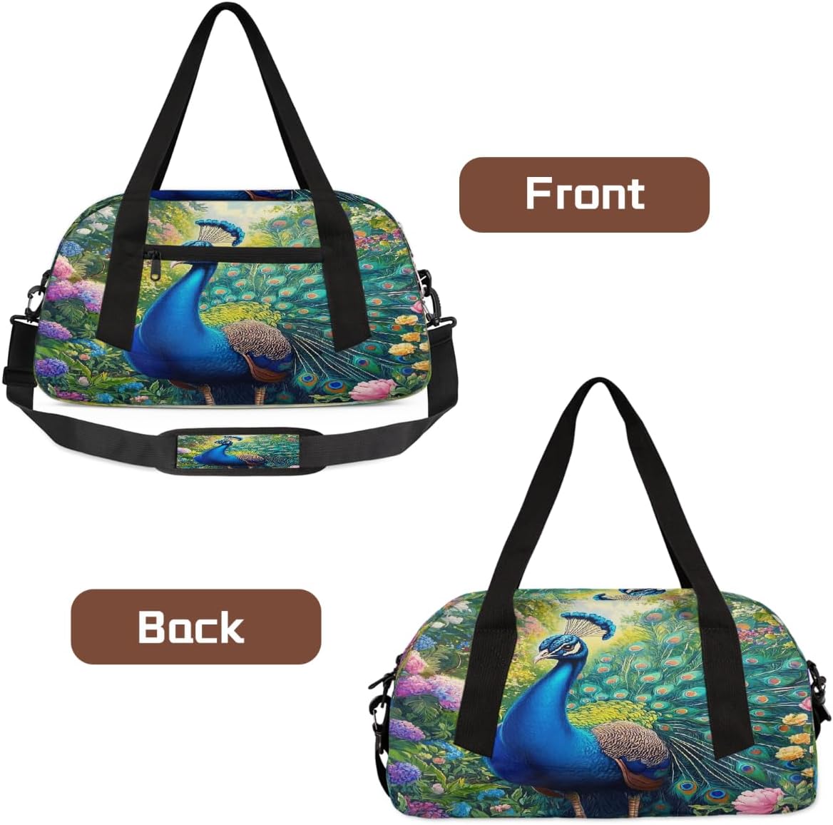 Kids Travel Duffle Bag Weekender Overnight Bag Gym Tote for Boy Girls Carry On Workout Duffel Bag(Cute Peacock Flowers)