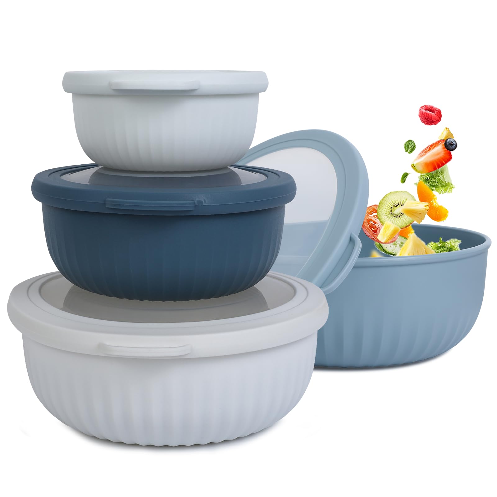 Cozary 4 Piece Salad Bowl with Lid, Plastic Bowls (400ML, 780ML,1400ML, 2200ML), Stackable Salad Bowl for Dessert Bowls for Camping, BPA Free, Microwave and Dishwasher Safe