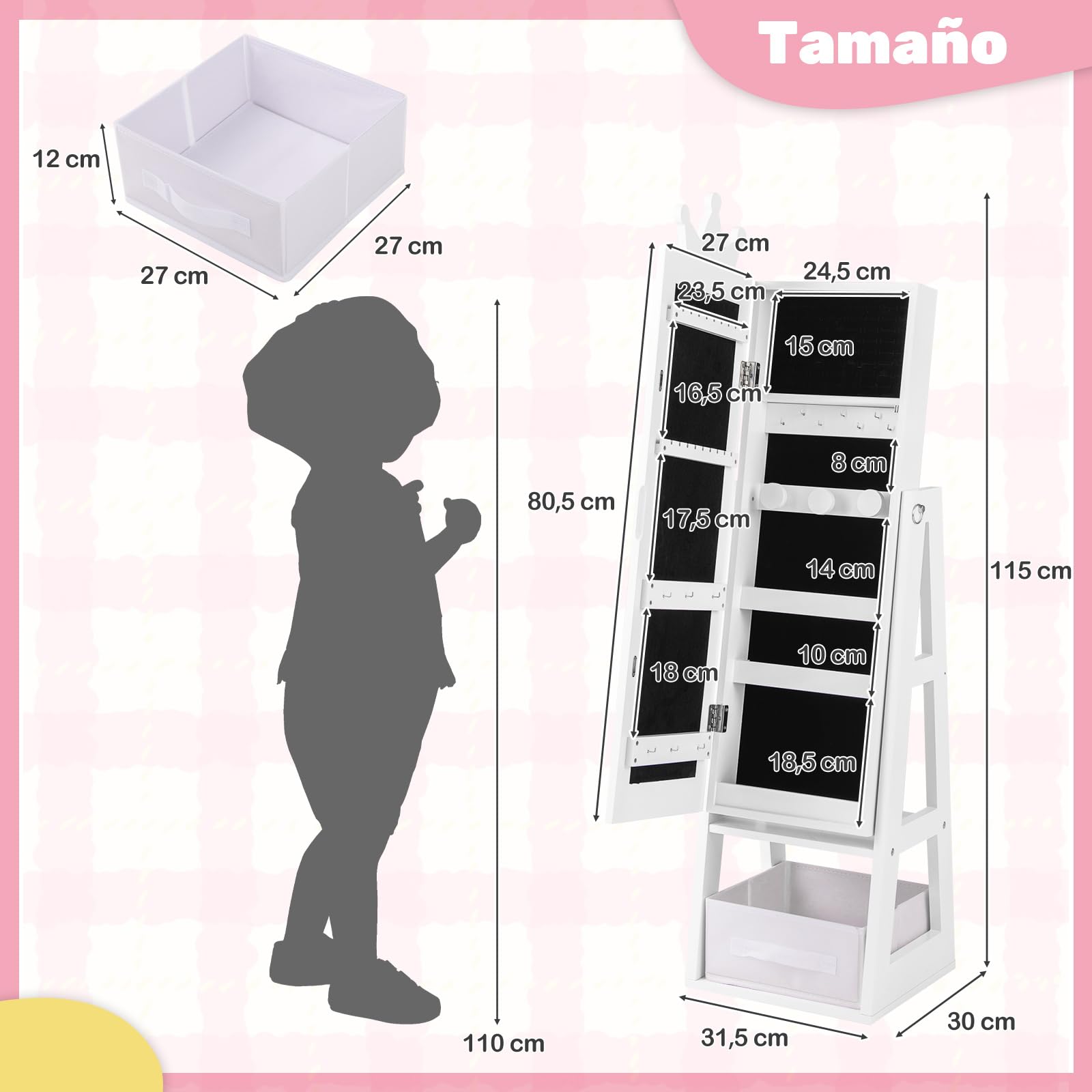 COSTWAY Armario de Joyería para Niñas con Espejo, Espejo Joyero de Cuerpo Completo con Gran Capacidad de Almacenamiento, Armario para Joyas Infantil con Ganchos, Estantes y Cajón (Blanco)