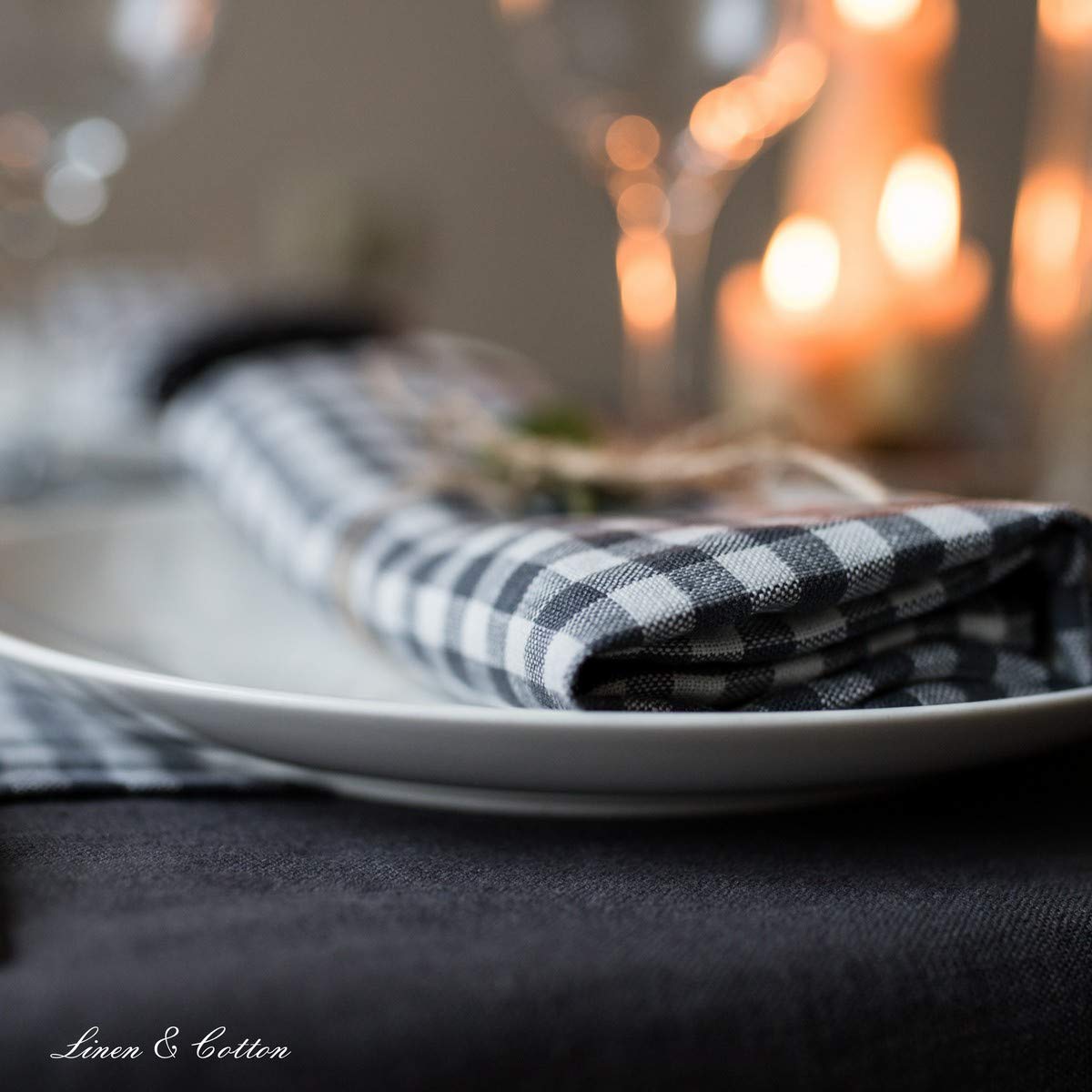 Linen & Cotton Tovaglioli di Stoffa a Quadretti Grigi e Bianchi Estella Set di 4-100% Lino, Grigio Bianco (32 x 32 cm) Tovaglioli Country Rustici per Tavolo Cucina Caffe Ristorante Primavera Pasqua