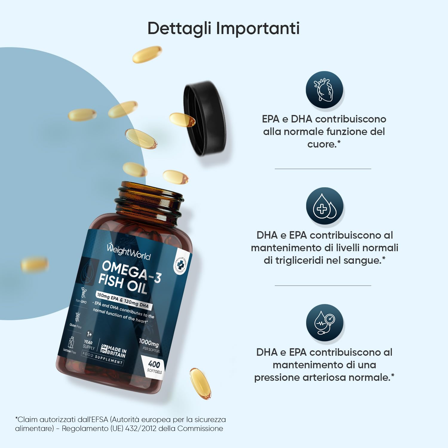 Omega 3 Olio di Pesce, 400 Softgel, (Fornitura 1+ Anno), 1 Softgel al Giorno, Omega3 Fonte di Acidi Grassi Essenziali, EPA e DHA Contribuiscono alla Normale Funzione del Cuore (EFSA), Fish Oil 1000mg