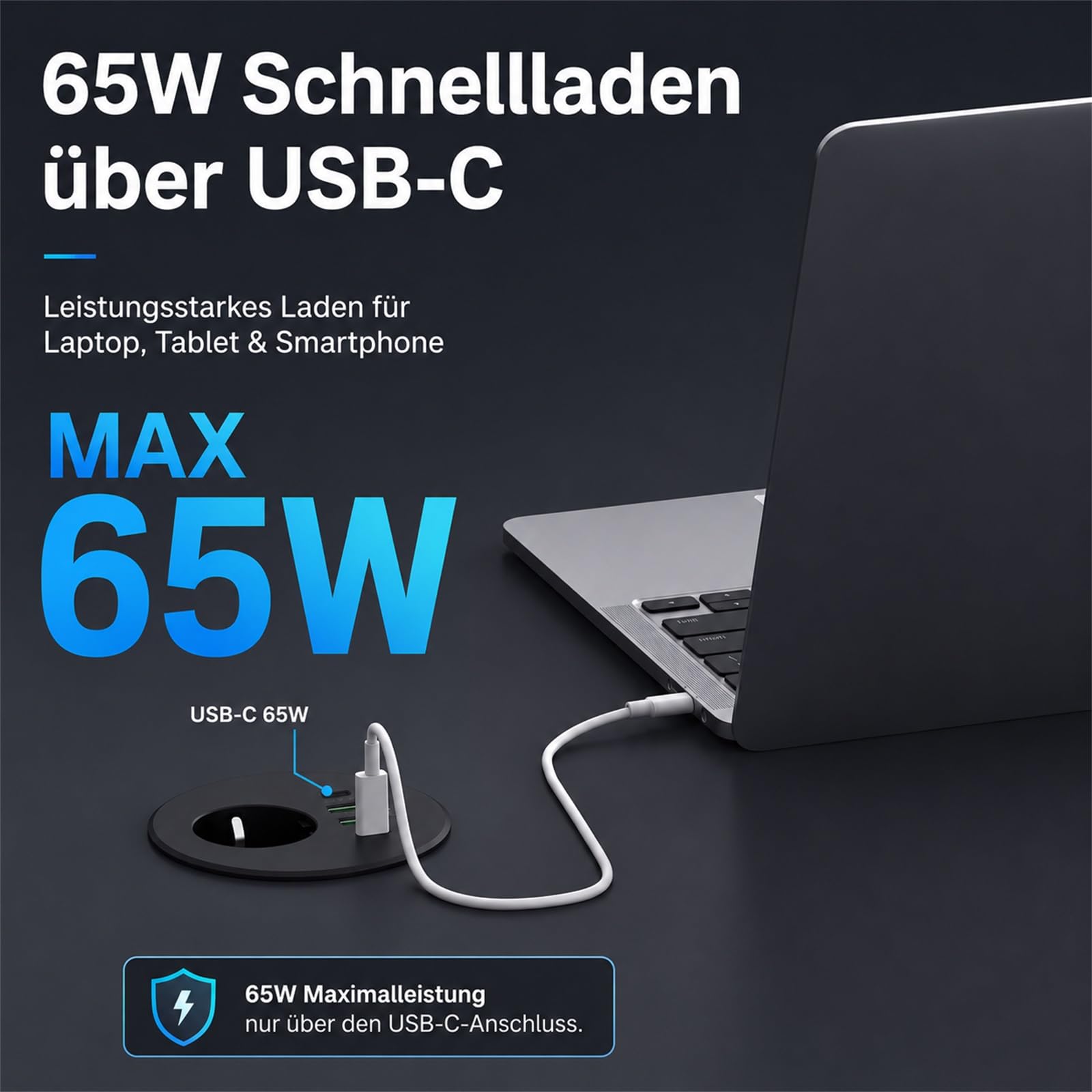 Enchufe empotrable con 65 W USB C, enchufe de mesa Haiaoyyds equipado con 1 Schuko, 2 puertos USB-A, 2 conectores USB-C y cable de alimentación de 2 m, regleta empotrable para orificio de mesa de 76