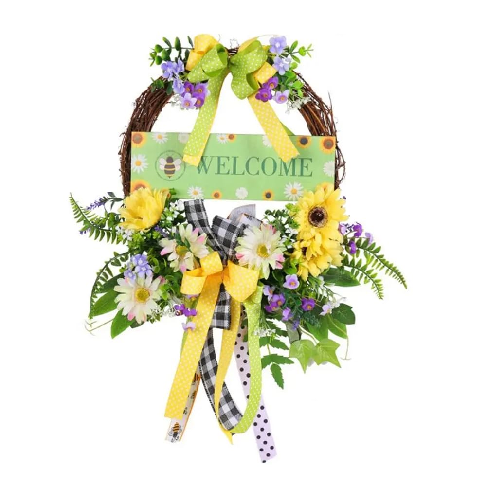 CTRLZS Welcome Spring Wreath Welcome Sign Decorative Wreath with Bow and Flower Festival Decoration Outdoor Indoor Decor