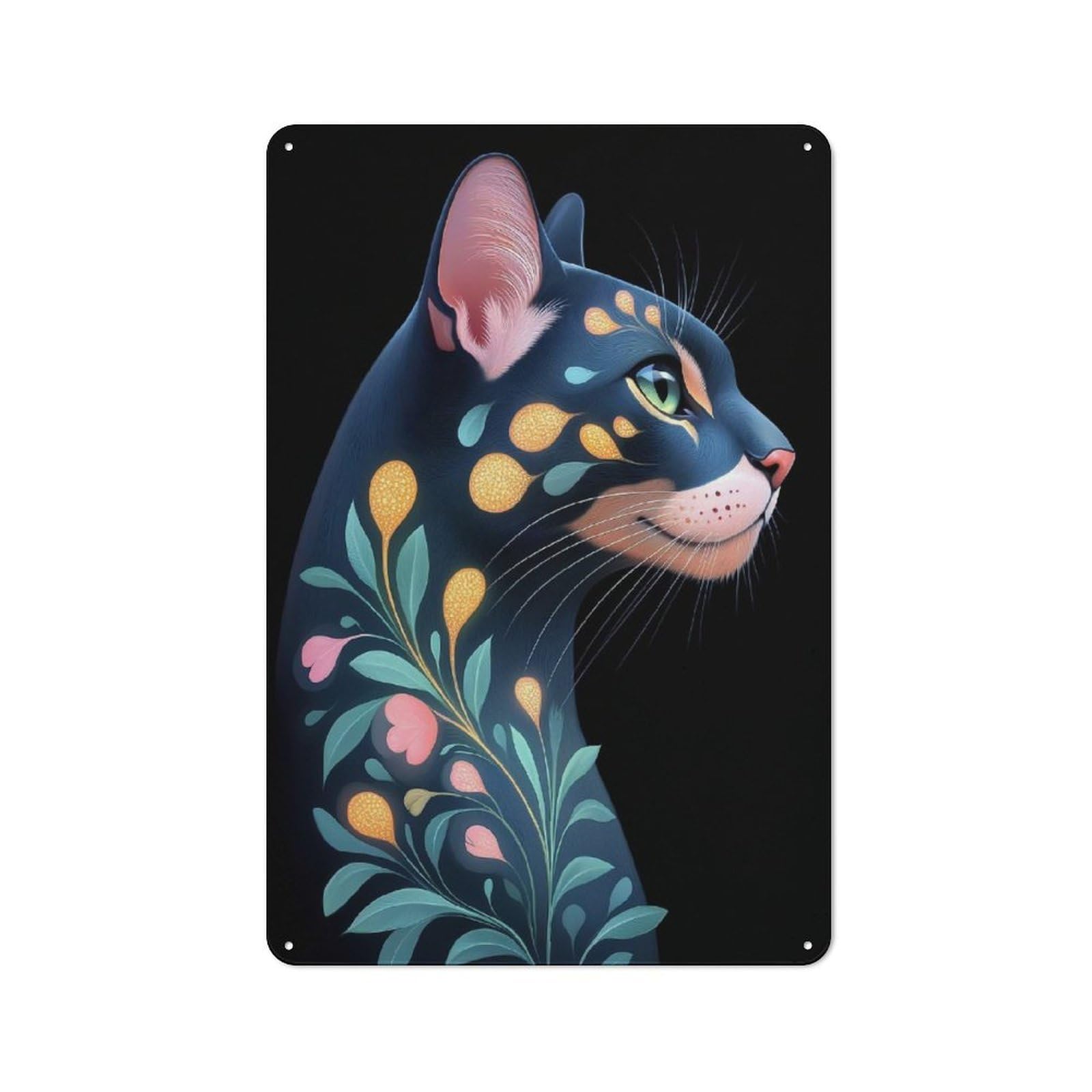 Junmoney Style-6 Floral Bengal Cat Portrait Office Metal Sign 30X20cm, Understated Office Wall Decor For Workspace, Cafe, Shop Or Desk Area