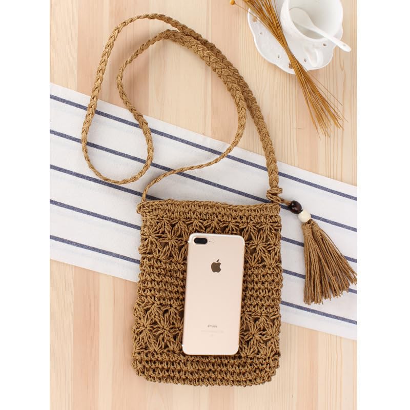 Women's Beach Straw Bag Simple Hollow Out Tassel Rectangle Shoulder Crossbody Bag for Vacation, Brown3