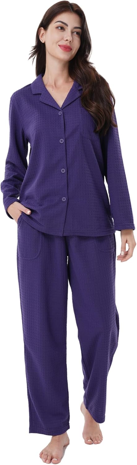 DAVID ARCHY Womens Pajama Sets Waffle Knit Soft Long Sleeve Button Down Sleepwear Lightweight Loungewear for Spring Nights Purple Small