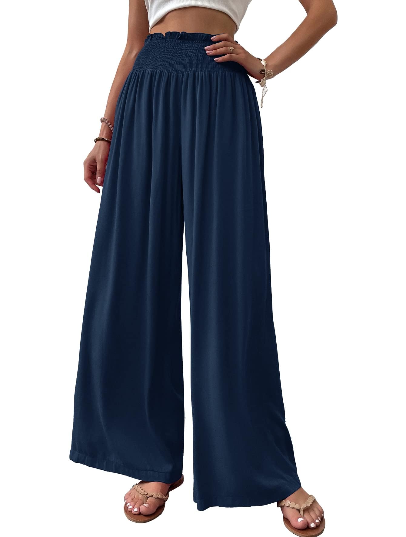 Cicy Bell Damen Hosen Gerade Locker Elastische Weite Beinhose Taille Palazzo Hose Mit Taschen