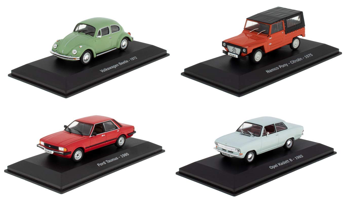 Lot de 4 Voiture 1/43 Compatible avec VW Bettle + Opel Kadett B + Citroen MEHARI + Ford Taunus (CC101+102+103+104)