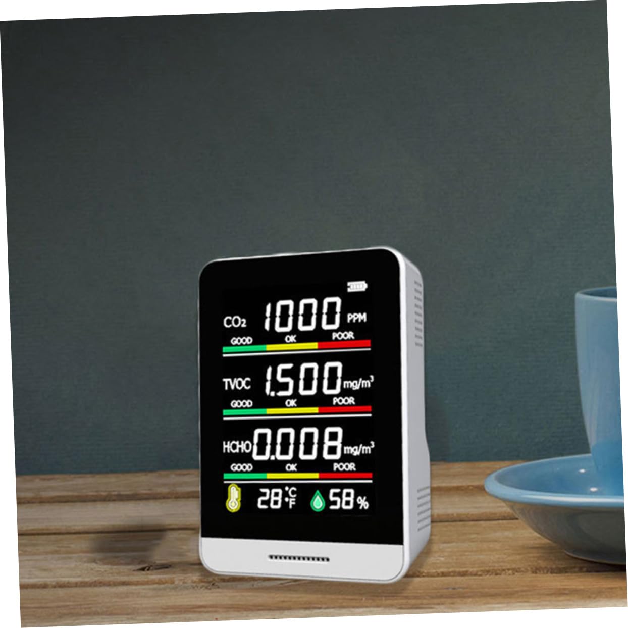 Medidor de Co2 Portátil, Monitor de Calidad del Aire, Blanco | Detección Tvoc, Alerta Sonora y Visual de Doble Capa, Batería 1200 Ma, Carcasa de Vidrio