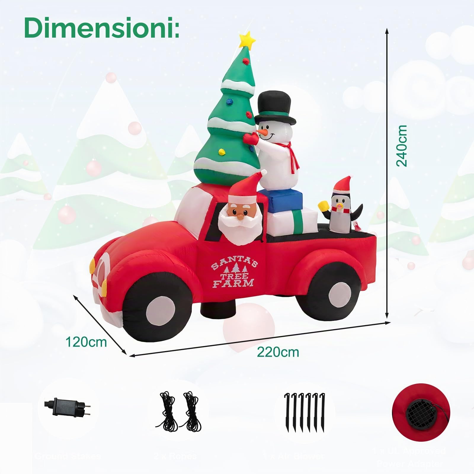 SOARS Decorazioni Natalizie, Babbo Natale Gonfiabile in Auto 240 CM, con Regalo, Pupazzo, Albero, Pinguino, Luce LED Incorporata, Addobbi Natalizi per Esterno Interno per Casa, Giardino, Cortile