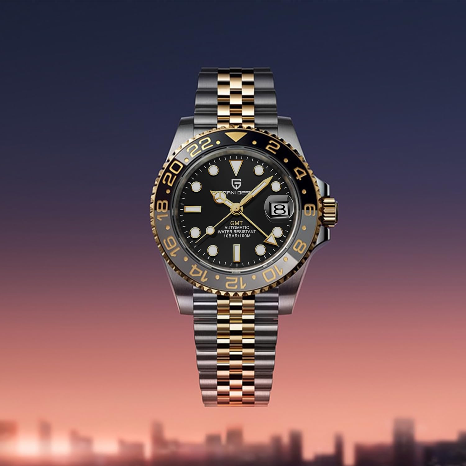 Pagani Design 1662 Uomo Automatico GMT Meccanico in Acciaio Inox 40MM Orologio in Cristallo di Zaffiro Impermeabile Luminoso Moda Business Uomo