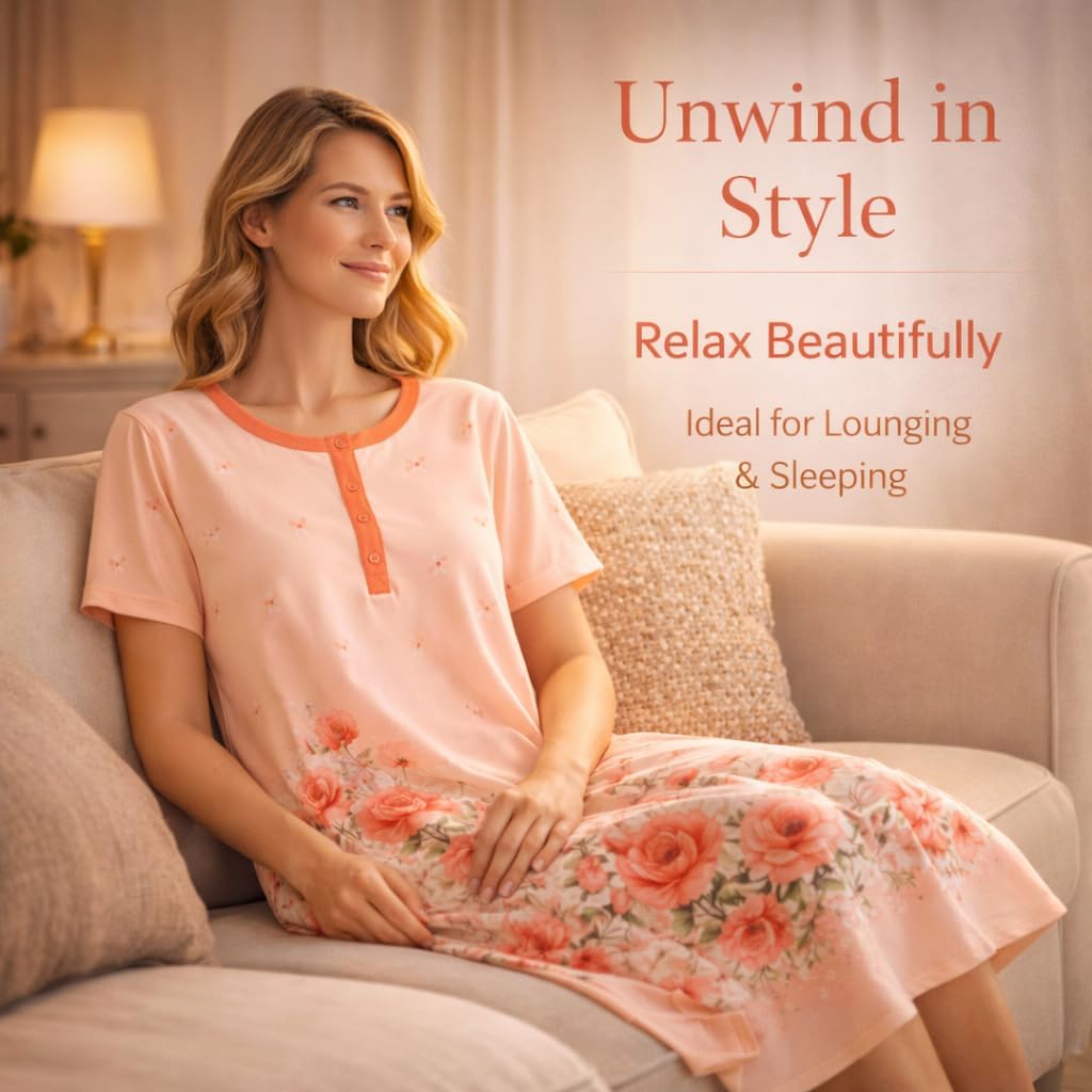 Nightgowns for Women Short Sleeve Cotton Sleep Wear, Ladies Soft Sleep Shirts with Pockets, Assorted Prints, M-3XL