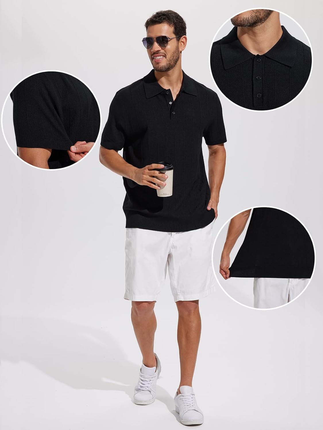 DEVOROPA Mens Knit Polo Shirts Short Sleeve Casual Collared Summer Dress Golf Shirt Hollow Out Texture Vacation Travel Tops - Image 4