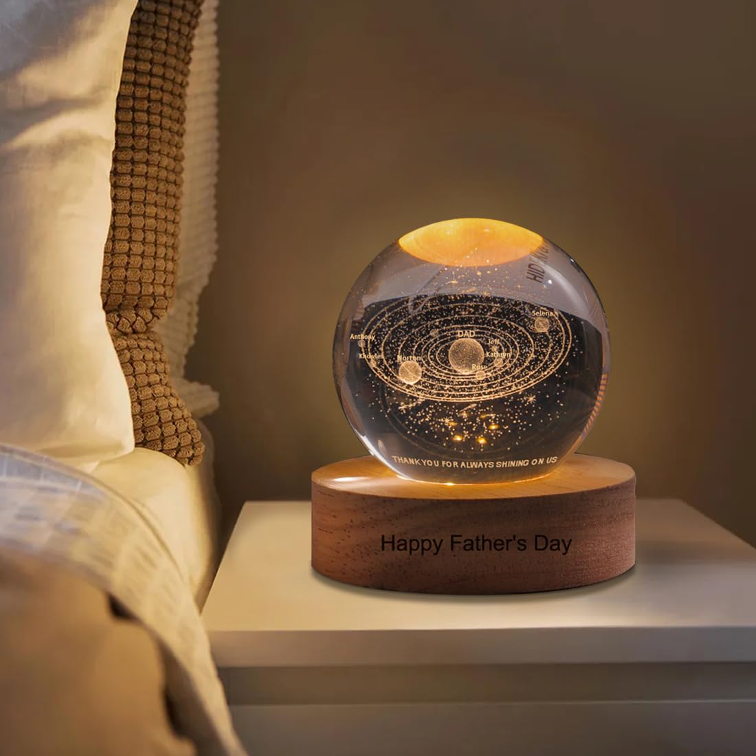 Boule De Cristal 3D Du Système Solaire Avec Base En Bois