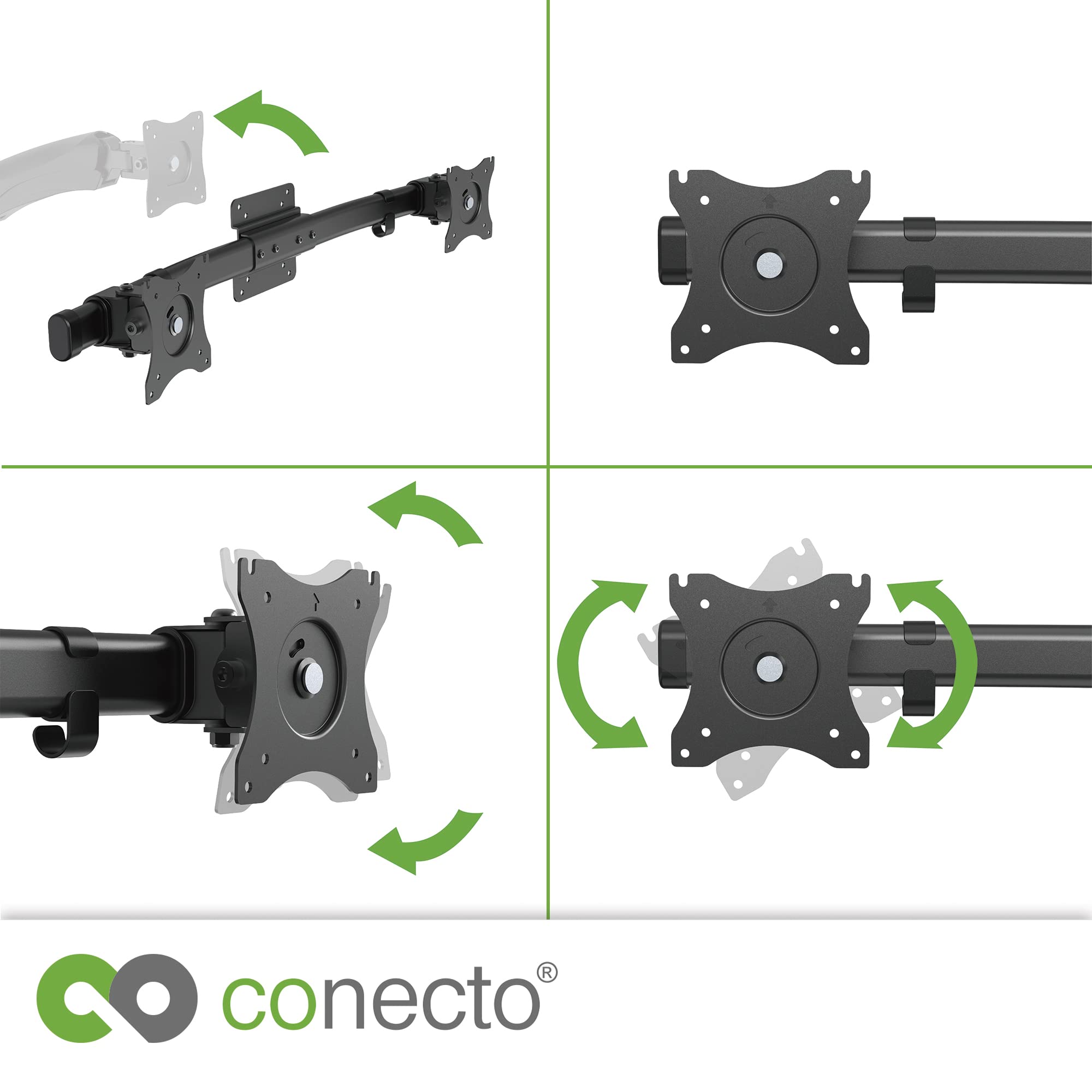 conecto, Dual screen adapter voor 2 monitoren, wandmontage, kantelbaar: /-45°, draaibaar: /-15°, draaibaar: /-180°, draagvermogen: max. 10kg, VESA 75x75 & 100x100, zwart