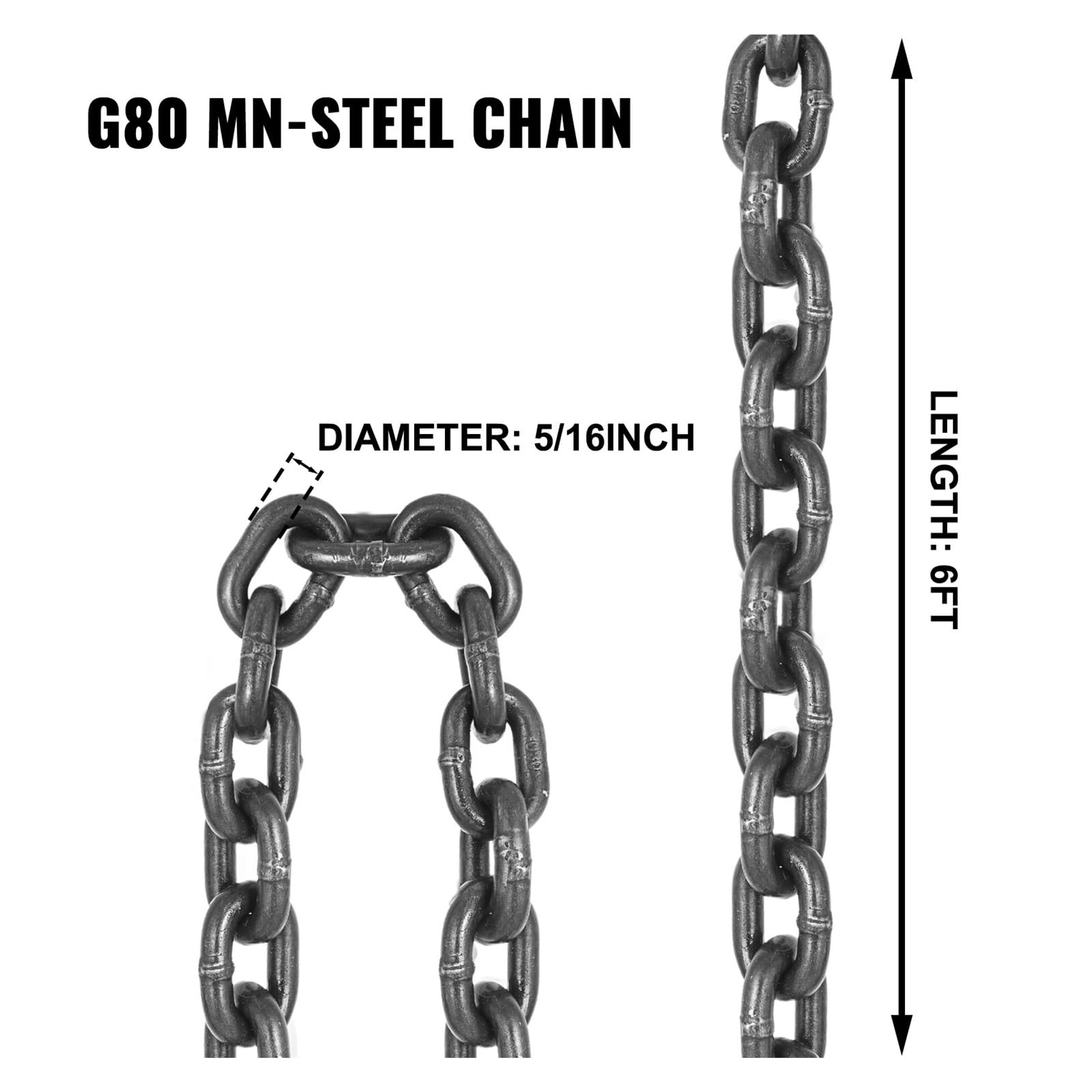 Catena a doppia gamba resistente, 2 tonnellate 5/16" x 6' in acciaio legato grado 80 con gancio per sollevamento e spostamento
