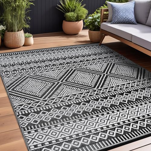 Beverly Rug Aztec Outdoor Rugs 8x10 Waterproof Boho Reversible Plastic Straw Rug Bohemian Outdoor Carpet Outside Mat for Patio Camping Picnic Porch Deck RV Beach Pool Black White Texas