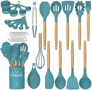 Umite Chef Kitchen Cooking Utensils Set, 33 pcs Non-stick Silicone Utensils Spatula Set with Holder, Silicone Kitchen Gadgets Utensil Set(Dark Blue)