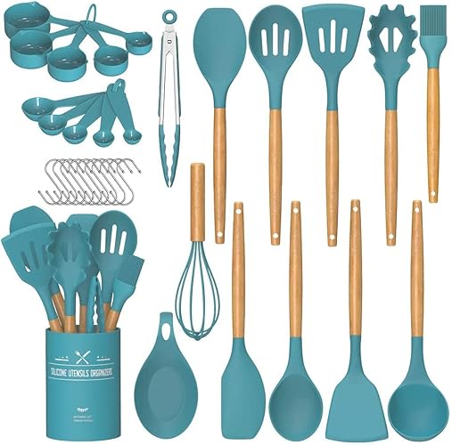 Umite Chef Kitchen Cooking Utensils Set, 33 pcs Non-stick Silicone Utensils Spatula Set with Holder, Silicone Kitchen Gadgets Utensil Set(Dark Blue) - Blue