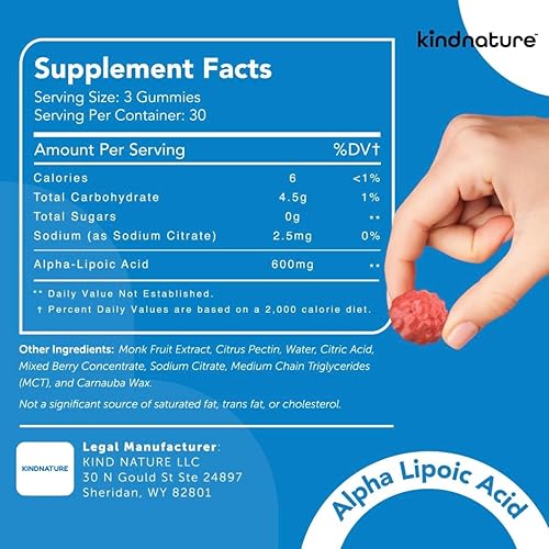 Miniatura 8 de kindnature Gomitas de ácido alfa lipoico de 600 mg - Suplementos de neuropatía - Veganas, sin azúcar, bajas en calorías 600 mg ALA Suplemento ALA -