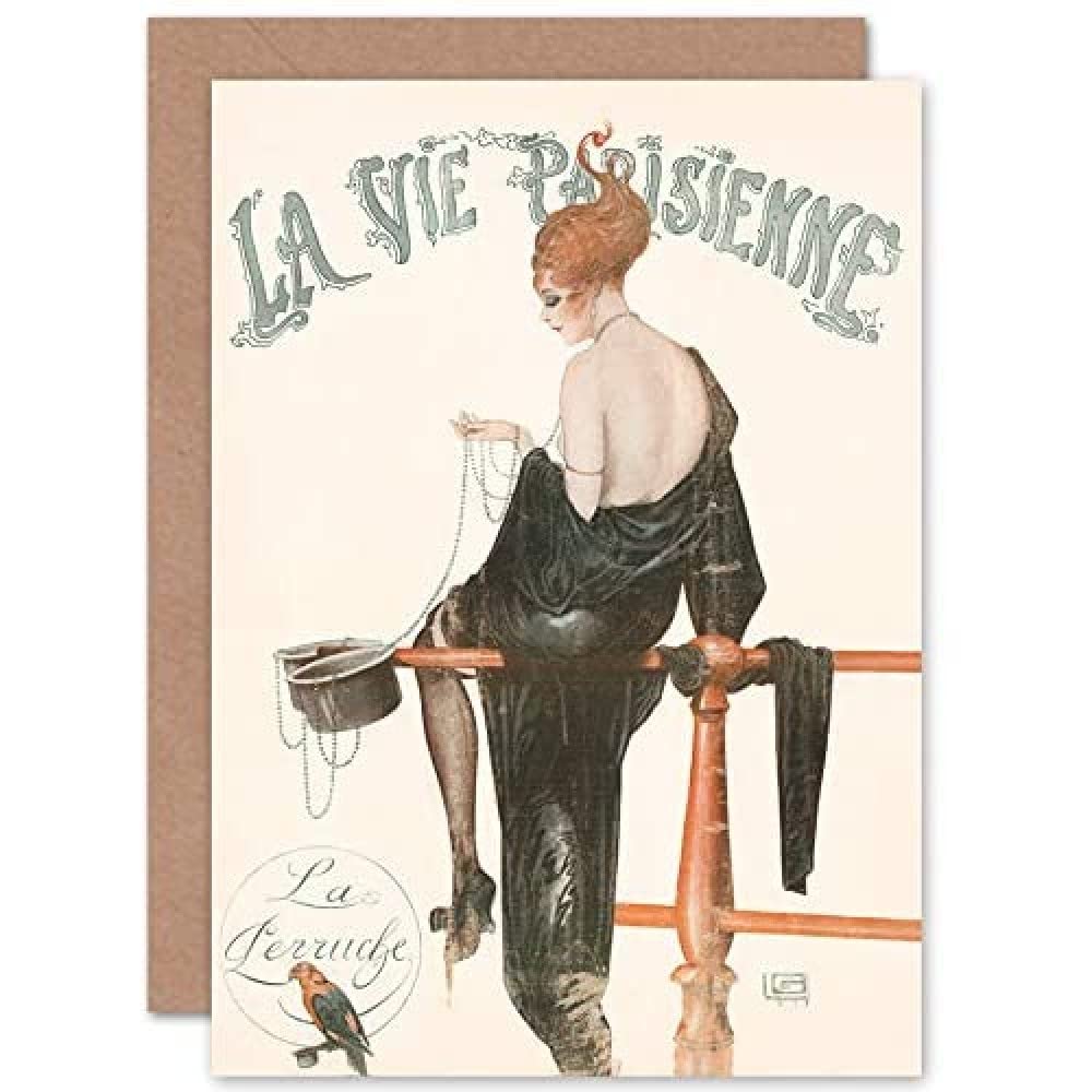 Artery8 La Vie Parisienne Woman Beads Parakeet Magazine Cover Sealed Greeting Card Plus Envelope Blank inside